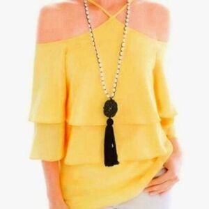 Black Label by Chicos Yellow Cold-Shoulder Top, Criss-Cross Straps, Size 0, S/4